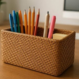 Vintage Rattan Desktop Tidy Box